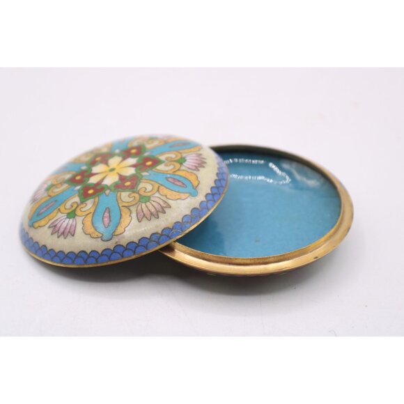 Unknown Other - Vtg Cloisonné Trinket Box Jar Floral Design Blue Enamel Interior Asian Art MCM